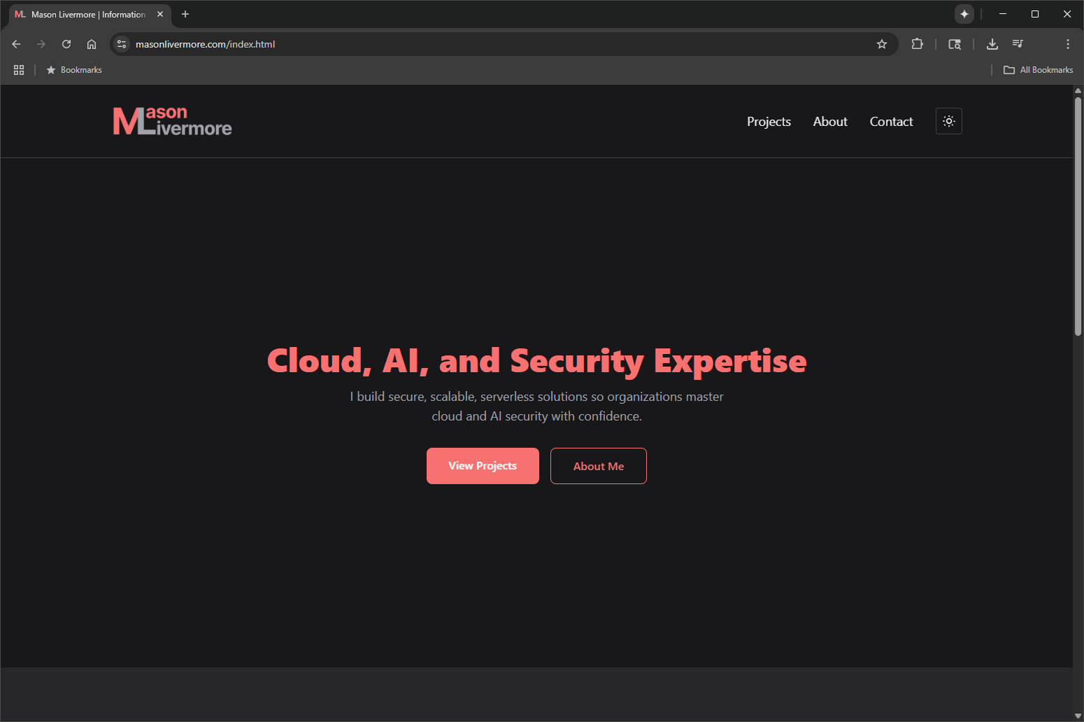 Portfolio site homepage in dark mode