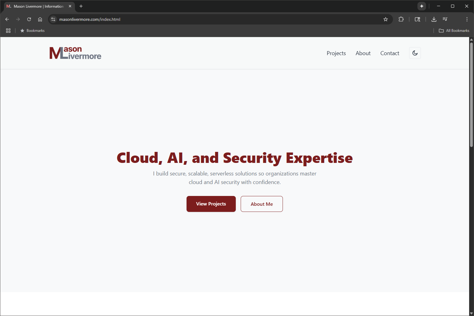 Portfolio site homepage in light mode
